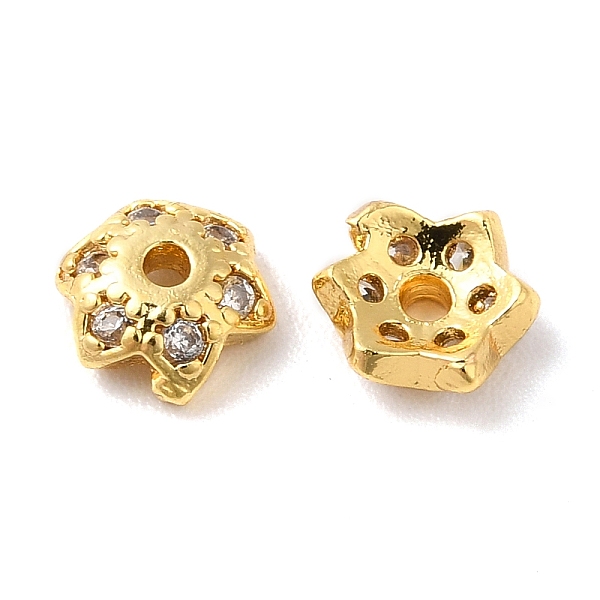 

PandaHall Brass Micro Pave Cubic Zirconia Bead Cap, 6-Petal Flower, Real 18K Gold Plated, 6x5.5x2mm, Hole: 1mm Brass+Cubic Zirconia Clear
