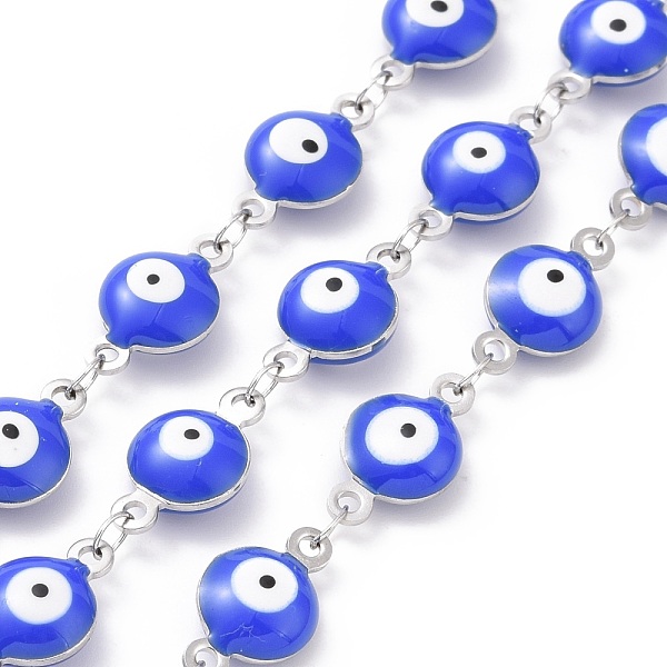

PandaHall 304 Stainless Steel Link Chains, with Enamel, Soldered, Flat Round with Evil Eye, Stainless Steel Color, Prussian Blue...