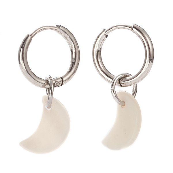 

PandaHall 304 Stainless Steel Huggie Hoop Earrings, Crescent Moon Earrings, with Natural Shell, Stainless Steel Color, 27mm, Pin: 1mm..., White
