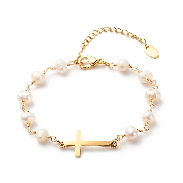 

PandaHall 201 Stainless Steel Cross Link Bracelet with Natural Pearl Beaded Chains for Women, Golden, 7-1/8 inch(18cm) Pearl