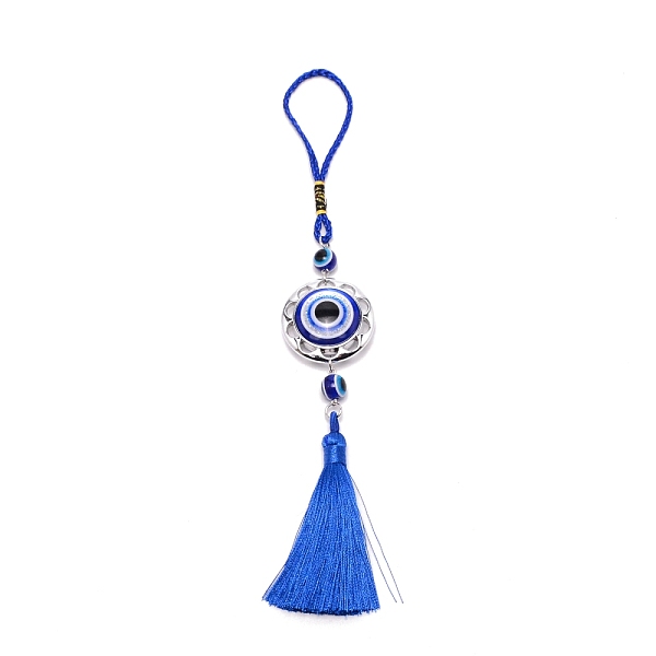 

PandaHall Alloy & Glass Pendant Decorations, Flat Round & Round Beads with Evil Eyes, Tassels Hanging Ornaments, Royal Blue, 262mm Alloy...