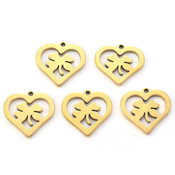 PandaHall Vacuum Plating 201 Stainless Steel Charms, Laser Cut, Heart Ring with Clover, Golden, 13.5x14.5x1mm, Hole: 1.2mm 201 Stainless...