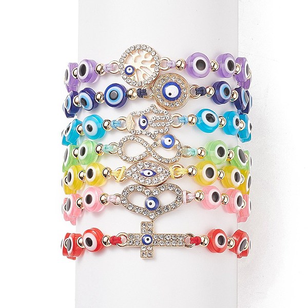 

PandaHall 7Pcs 7 Style Resin Evil Eye Braided Bead Bracelets Set, Crystal Rhinestone Tree & Hamsa Hand & Cross & Infinity Link Bracelets for..., Multicolor