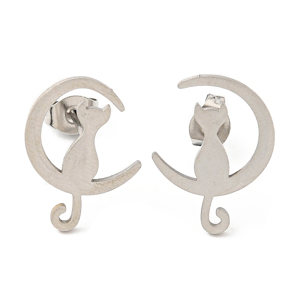 

PandaHall 304 Stainless Steel Stud Earrings for Women, Moon with Cat, Stainless Steel Color, 17.5x13mm 304 Stainless Steel Cat Shape