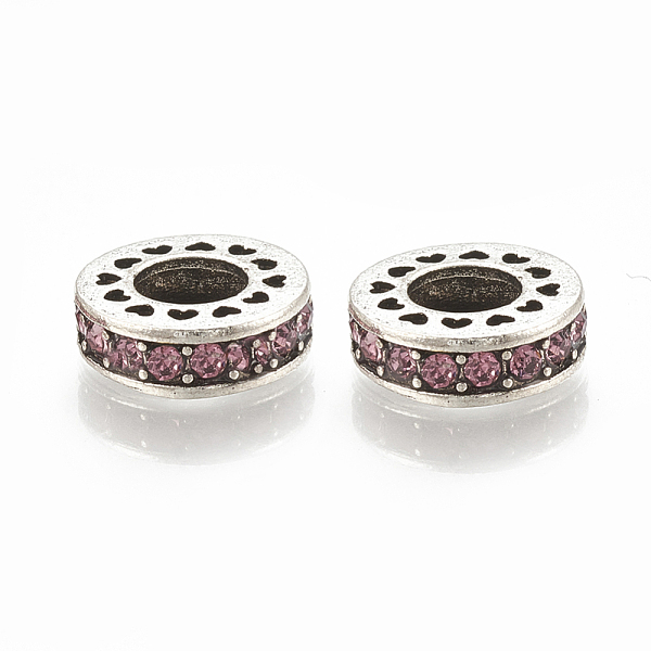 

PandaHall Alloy European Beads, Large Hole Beads, with Rhinestone, Flat Round, Antique Silver, Light Rose, 11x3.5mm, Hole: 5mm..., Pink