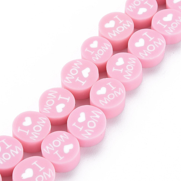 

PandaHall Handmade Polymer Clay Bead Strands, Mother's Day Theme, Flat Round with Word I Love MOM, Pink, 8x4mm, Hole: 1.4mm, about...