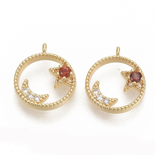 

PandaHall Brass Micro Pave Cubic Zirconia Charms, Real 18K Gold Plated, Flat Round with Star and Moon, Nickel Free, Red, 13.5x11.5x3mm, Hole...