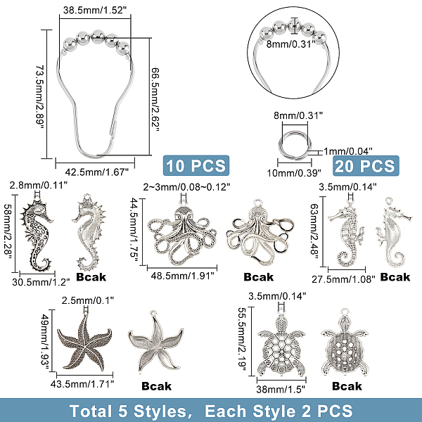 

PandaHall AHANDMAKER 10 Pieces Shower Curtain Hooks, Metal Decorative Pendants Hooks Accessories, Turtle Seahorse Starfish Octopus Curtain...