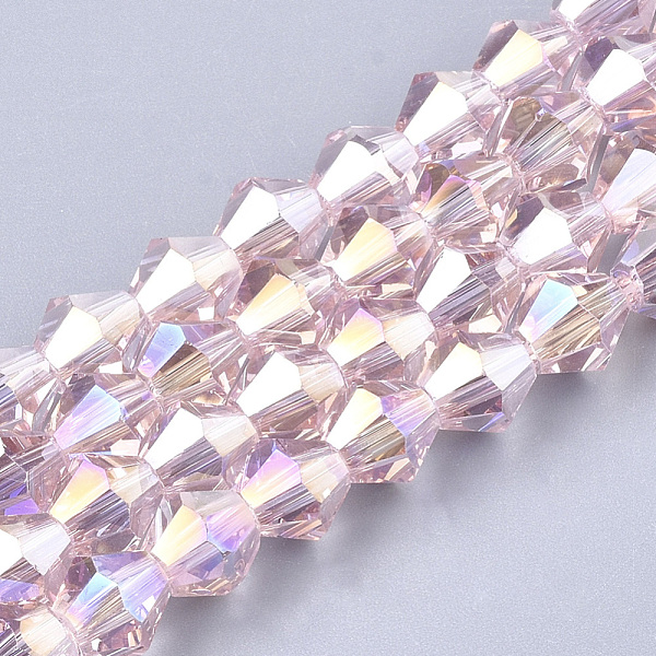 

PandaHall Electroplate Glass Beads Strands, AB Color Plated, Faceted, Bicone, Pearl Pink, 6x5.5~6mm, Hole: 1mm, about 44~47pcs/strand...