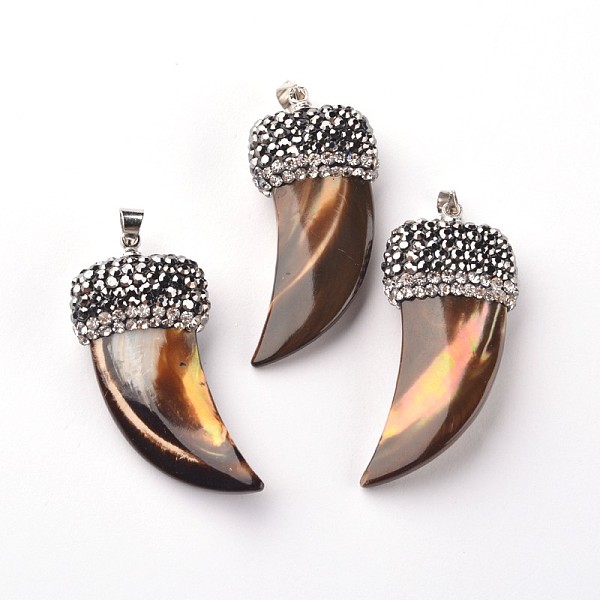 

PandaHall Italian Horn Shell Pendants, with Platinum Plated Brass Findings and Polymer Clay Rhinestone, 38~39x17~18x8~9mm, Hole: 4x5mm Shell...