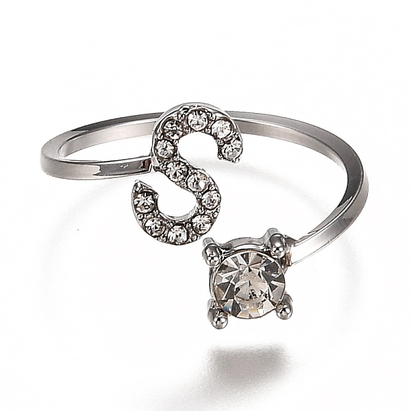 

PandaHall Alloy Cuff Rings, Open Rings, with Crystal Rhinestone, Platinum, Letter.S, US Size 7 1/4(17.5mm) Alloy+Rhinestone Letter S Clear