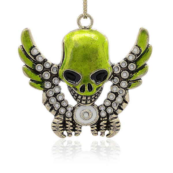 

PandaHall Antique Silver Plated Alloy Enamel Big Pendants, Skull with Wing, Yellow Green, 66x62x9mm, Hole: 4.5mm Alloy+Enamel Skull Green