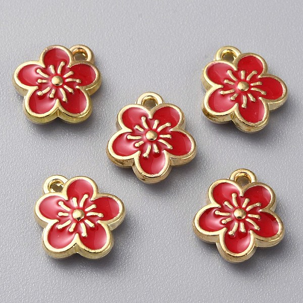 

PandaHall Alloy Pendants, Double-sided Enamel, Plum Blossom Flower Charm, FireBrick, 12x10.5x3mm, Hole: 1.5mm Alloy+Enamel Flower Red