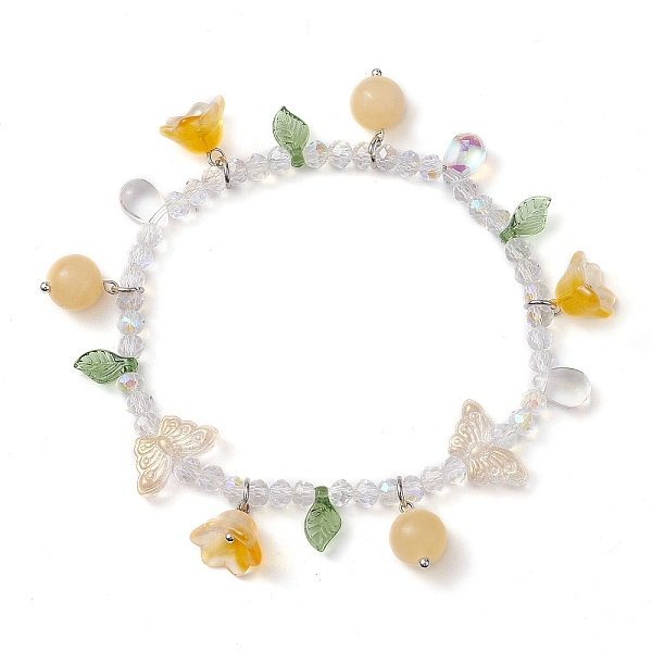 

PandaHall Dyed Natural Topaz Jade & Glass Beaded Stretch Bracelet with Flower Charms, Inner Diameter: 2-3/8 inch(6.1cm) Topaz Jade Butterfly