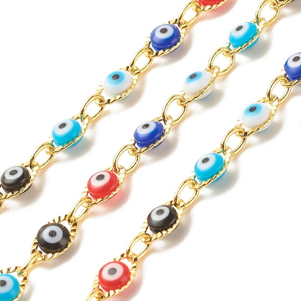 PandaHall Brass Oval Link Chains, with Glass Evil Eye Beaded, Long-Lasting Plated, Soldered, with Spool, Golden, Colorful, 10x6x3.5mm