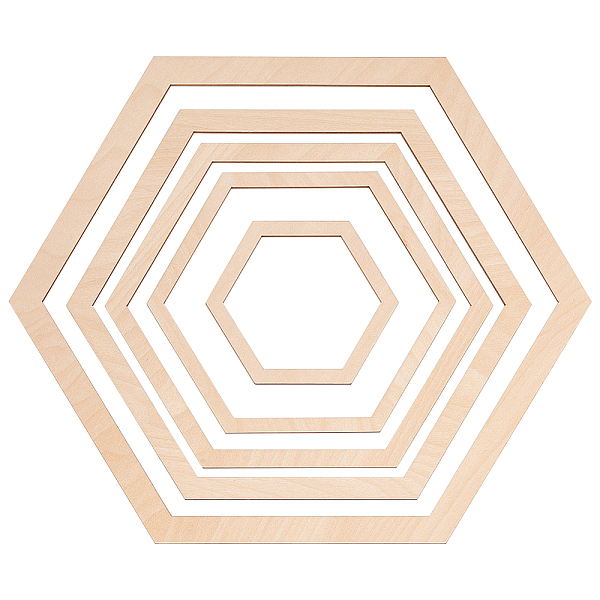 

PandaHall Wood Macrame Frames, Hexagon Decoration Making, BurlyWood, 87~259.5x99.5~300x3mm, Inner Diameter: 76~230x82~265mm, 5pcs/set Wood..., Orange
