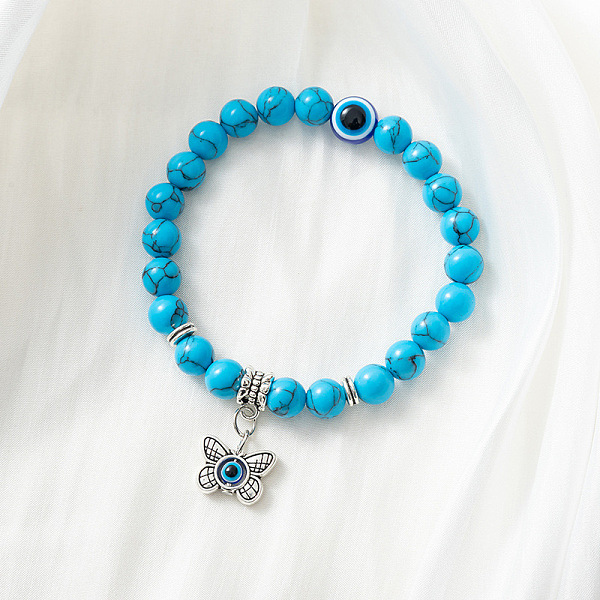 

PandaHall Synthetic Turquoise Stretch Bracelet with Evil Eye Charms, Mixed Shapes Turquoise Mixed Shapes