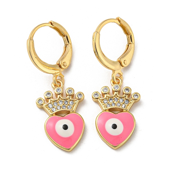 

PandaHall Real 18K Gold Plated Brass Dangle Leverback Earrings, with Enamel and Cubic Zirconia, Heart with Evil Eye, Hot Pink, 30x11mm Cubic...