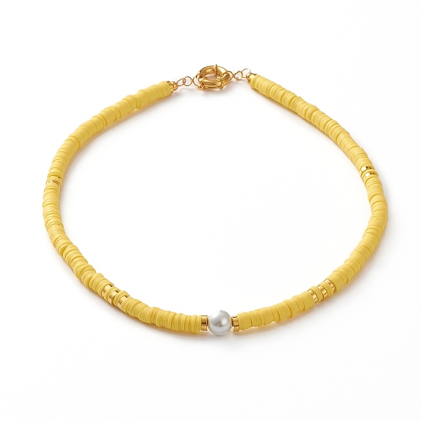 

PandaHall Polymer Clay Heishi Beaded Necklaces, with Round Glass Pearl Beads, Brass Spacer Beads and Spring Ring Clasps, Yellow, 17-7/8 inch...