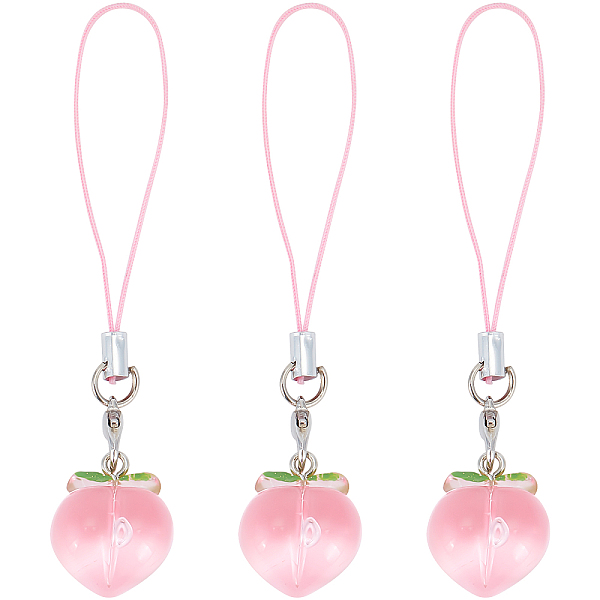 PandaHall Cell Phone Strap Charm, Peach Resin Charm Hanging Keychain for Women, with Polyester Cord, Pink, 8.4cm, 3pcs/set Resin Pink