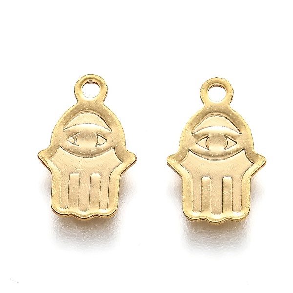 

PandaHall 201 Stainless Steel Charms, Laser Cut, Hamsa Hand/Hand of Fatima/Hand of Miriam with Evil Eye , Real 18k Gold Plated, 13x8x0.5mm...