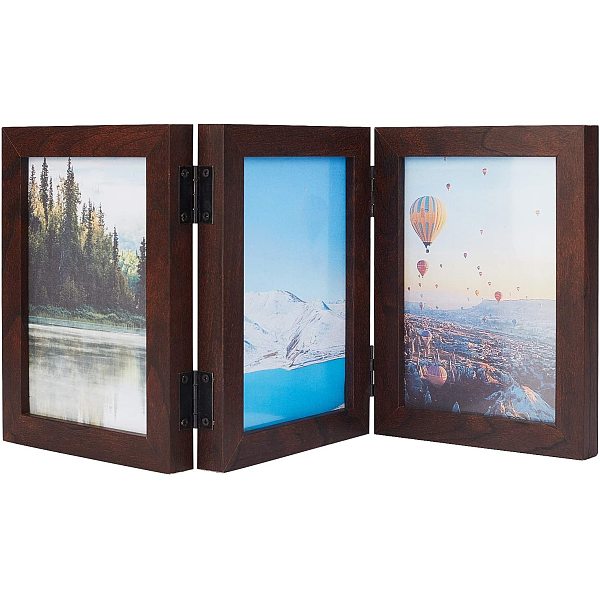 PandaHall Hinged Wood Picture Frames Box, 3 Vertical Openings, with Glass Front, for Bedroom Living Room Office Desktop, Coconut Brown...