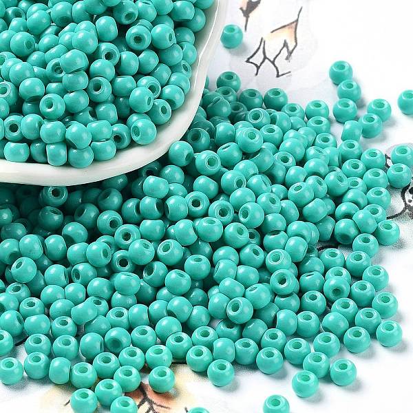 

PandaHall Baking Paint Glass Seed Beads, Round, Light Sea Green, 4x3mm, Hole: 1.2mm, about 7650pcs/pound Glass