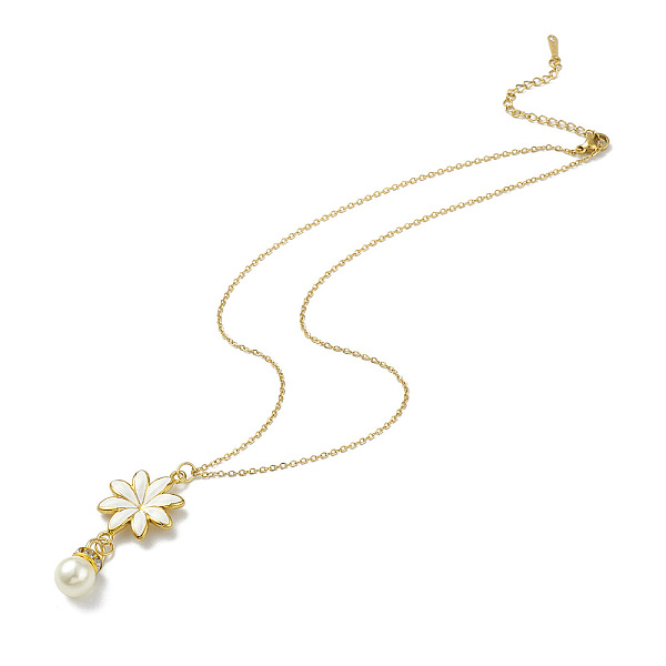 Enamel Flower With Plastic Pearl Pendant Necklace