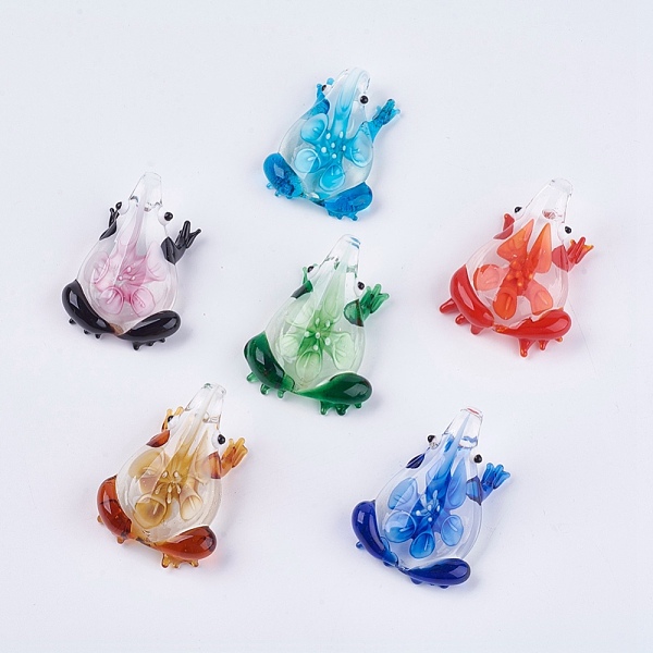 

PandaHall Handmade Lampwork Big Pendants, Large Hole Pendants, Frog, Mixed Color, 50~55x36~41x14~24mm, Hole: 6~9mm Lampwork Frog Multicolor