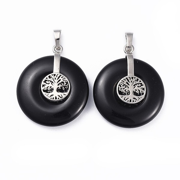 Pandahall Natural Obsidian Pendants, With Platinum Tone Brass Findings, Donut/Pi Disc With Tree Of Life, 35.5X30x8.5~9.5Mm, Hole: 4.5X6.5Mm...
