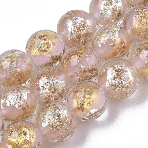 

PandaHall Handmade Gold Sand Lampwork Bead Strands, Half Silver Foil & Half Gold Foil, Round, Pink, 11.5~12.5x11~12mm, Hole: 1.2mm, about...