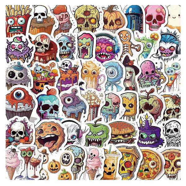 PandaHall 50Pcs Halloween Skull PVC Self Adhesive Cartoon Stickers, Waterproof Dreadful Food Decals for Laptop, Bottle, Luggage Decor, Mixed...