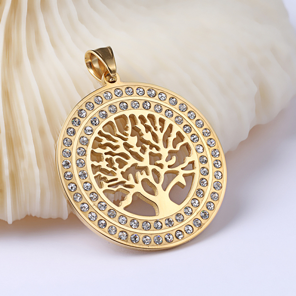 

PandaHall 304 Stainless Steel Pendants, with Rhinestones, Flat Round with Tree of Life, Golden, 43.5x40x3mm, Hole: 5.5x8.5mm Stainless..., Clear