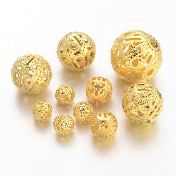 

PandaHall Iron Filigree Beads, Filigree Ball, Round, Golden Color, Size: about 6~16mm in diameter, 6~15mm thick, hole: 1~6mm, about 200g/bag...