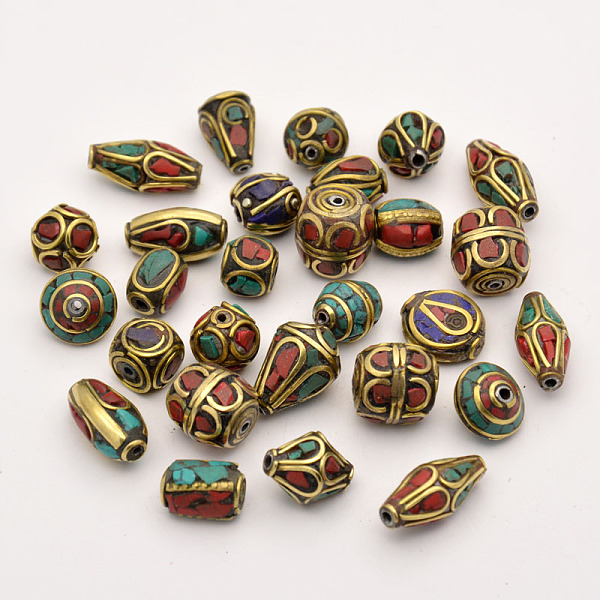 

PandaHall Handmade Tibetan Style Beads, Brass with Synthetic Coral and Turquoise, Antique Golden, 8~25x8~13mm, Hole: 1~2.5mm Brass Others