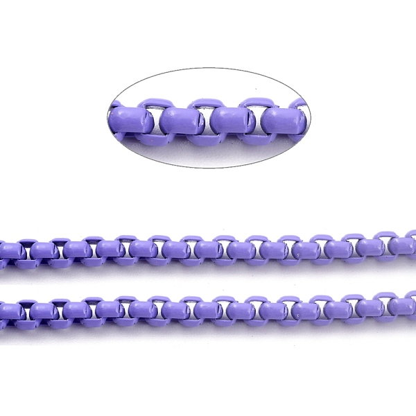 

PandaHall Eco-friendly Spray Painted Handmade Brass Box Chains, Soldered, with Spool, Lilac, 4x4mm, 32.8 Feet(10m)/roll Brass Purple