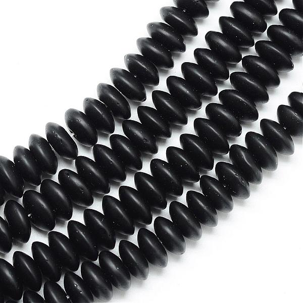 

PandaHall Synthetic Black Stone Beads Spacer Strands, Frosted, Rondelle, 6~7x3mm, Hole: 1mm, about 123~127pcs/strand, 14.7~15.1 inch Black...