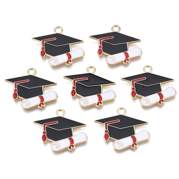 

PandaHall Rack Plating Alloy Enamel Pendants, Cadmium Free & Nickel Free & Lead Free, Light Gold, Doctorial Hat, Black, 23x29x1.5mm, Hole...