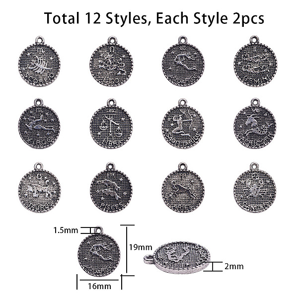 

PandaHall SUNNYCLUE Tibetan Style Alloy Pendants, Flat Round with Constellation/Zodiac Sign, Antique Silver, Antique Silver, 19x16x2mm, Hole...