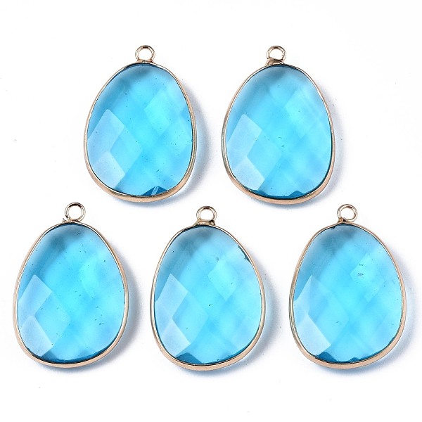 

PandaHall Glass Pendants, with Golden Plated Brass Edge, Faceted, Teardrop, Deep Sky Blue, 34~35x23x7mm, Hole: 2.5mm Glass Teardrop