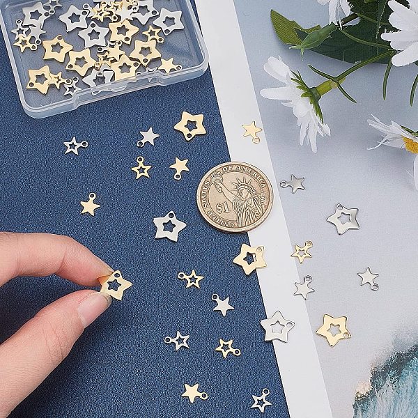 

PandaHall UNICRAFTALE About 60pcs 3 Styles 2 Colors Stainless Steel Star Charms 8.4-11mm Long Mini Star Dangle Charms Celestial Little Star...