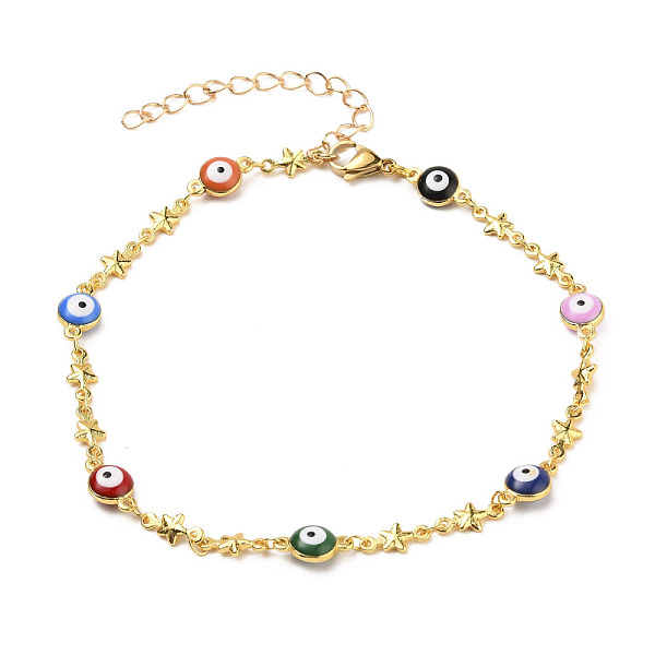 

PandaHall Anklets, with Brass Enamel Link Chains and 304 Stainless Steel Lobster Claw Clasps, Evil Eye, Star, Golden, Colorful, 9-5/8 inch...