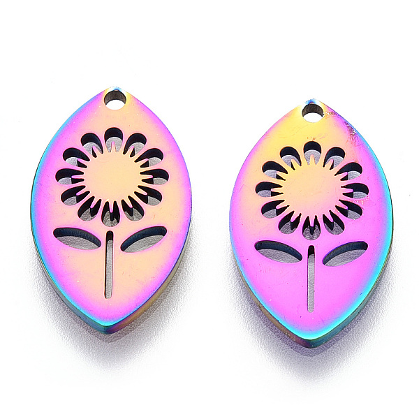 

PandaHall Ion Plating(IP) 304 Stainless Steel Pendants, Laser Cut, Horse Eye with Flower Charm, Rainbow Color, 20x12x1.5mm, Hole: 1.5mm 304...