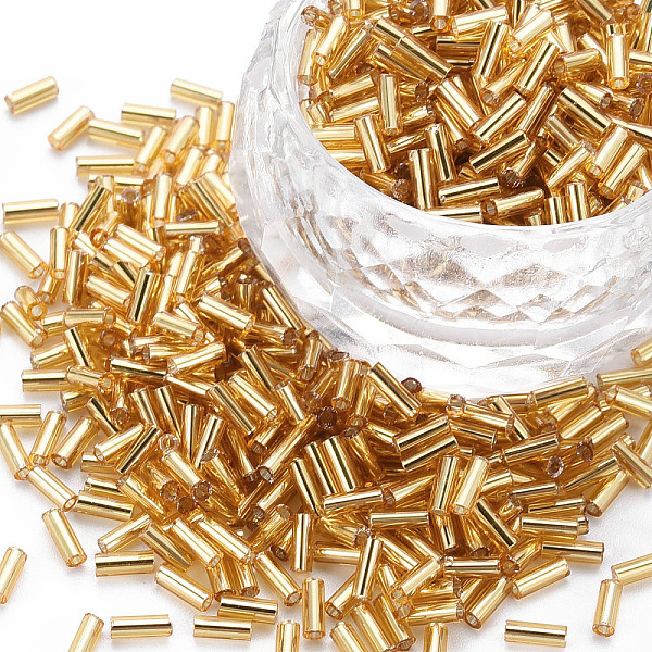 

PandaHall Plated Glass Bugle Beads, Metallic Colours, Goldenrod, 4x2mm, Hole: 1mm, about 14000pcs/Pound Glass Gold