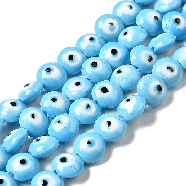 

PandaHall Handmade Evil Eye Lampwork Beads Strands, Flat Round, Light Sky Blue, 12.5x7.5mm, Hole: 1.6mm, about 33pcs/strand, 15.12''(38.4cm)...