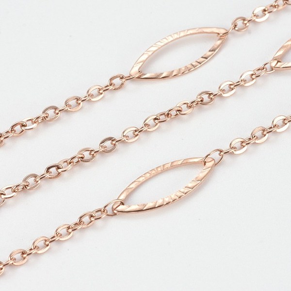 

PandaHall Ion Plating(IP) 304 Stainless Steel Cable Chains, with Horse Eye/Marquise Links, Soldered, with Spool, Flat Oval, Rose Gold, 6mm...