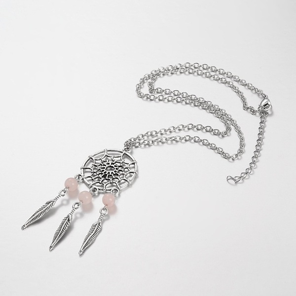 

PandaHall Iron Pendant Necklaces, with Alloy Leaf Findings and Natural Rose Quartz, 18.1 inch Rose Quartz