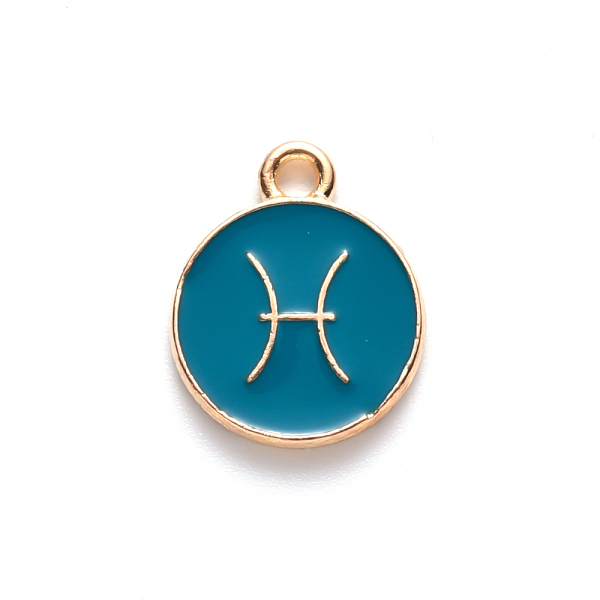 

PandaHall Alloy Enamel Pendants, Cadmium Free & Lead Free, Flat Round with Constellation, Light Gold, Dark Cyan, Pisces, 15x12x2mm, Hole...