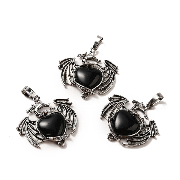 

PandaHall Natural Obsidian Heart Pendants, Dragon Charms, with Rack Plating Antique Silver Plated Brass Findings, Lead Free & Cadmium Free...
