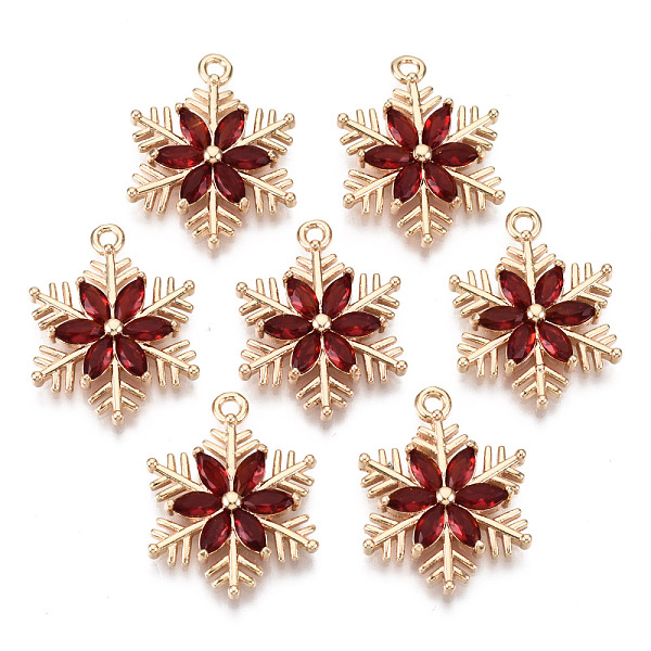 

PandaHall Christmas Brass Glass Pendants, Long-Lasting Plated, Snowflake, Light Gold, Red, 21x16x3mm, Hole: 1.6mm Brass+Glass Snowflake Red